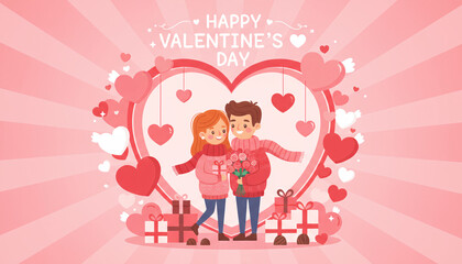 Fototapeta premium Valentine's Day Celebration, Couple, Home, Illustration, Romantic Gifts, Pink Background, Front View, Love and Happiness Concept