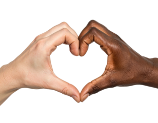 Two hands forming a heart shape, one light-skinned, one dark-skinned