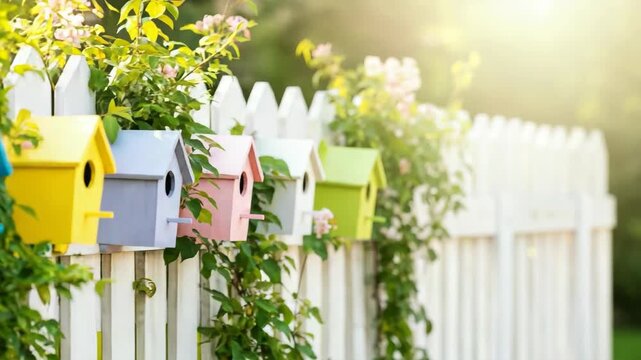 Colorful birdhouses on white fence surrounded by flowers in sunlight