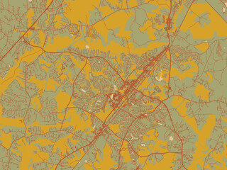 Abstract flat-design map of Waldorf, Maryland, featuring olive backdrop with warm rust street network and ochre blocks.