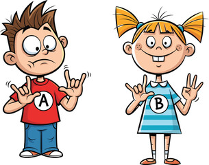Cartoon children using sign language, boy and girl making I love you gesture, educational illustration, playful design, communication, friendship, learning