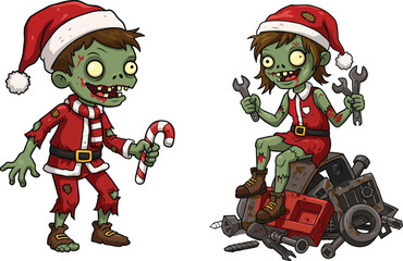 Zombie couple in Santa outfits, cartoon Christmas scene, festive horror with tools and candy, surreal illustration, emotional contrast, holiday themed artwork