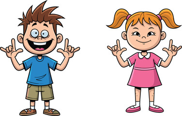 Cartoon children smiling, boy and girl making I love you hand sign, American Sign Language, playful illustration, friendship, communication, education