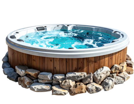 Outdoor hot tub with wooden base and rocks