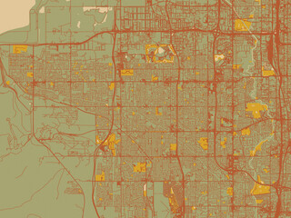 Fototapeta premium Vector-style flat map of West Valley City, Utah with sage green ground with rust-red roads and ochre accents.