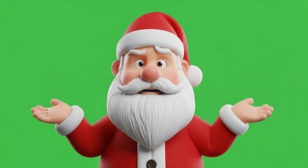 Cartoon Santa Claus Character with Confused Expression on Bright Green Background