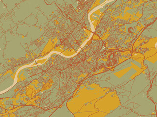 Minimalist flat city map of Wilkes-Barre, Pennsylvania with sage green ground with rust-red roads and ochre accents.