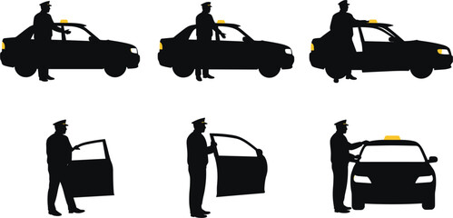 Taxi driver silhouette sequence, urban transportation concept, cab service routine, black figure illustration, vehicle interaction, professional driver actions, commercial stock vector