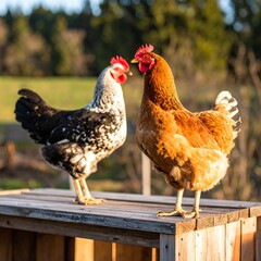 Two chickens on wooden coop