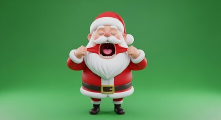 Cartoon Santa Claus Pulling His Beard in Playful Manner on Green Background