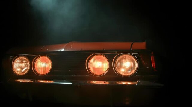 Car headlights glow fog creating fearful vintage mood with warm amber light dark chrome grille and hood fearful vintage car headlight glow fog night