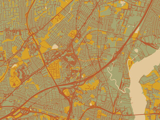 Obraz premium Poster-ready flat map of Woodbridge New, Jersey, muted sage base, rust-colored roads, and soft ochre highlights.