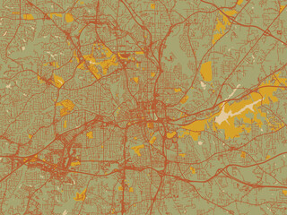 Stylized minimalist map of Winston–Salem North, Carolina in sage/olive tone field with rust networks and ochre shapes, cream water.