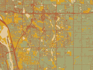 Abstract flat-design map of Woodbury, Minnesota, featuring earthy sage background with rust roadways and ochre details.
