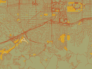 Minimalist flat city map of Woodland Hills, California with muted sage base, rust-colored roads, and soft ochre highlights.