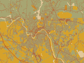 Minimalist flat city map of Woonsocket Rhode, Island with olive backdrop with warm rust street network and ochre blocks.