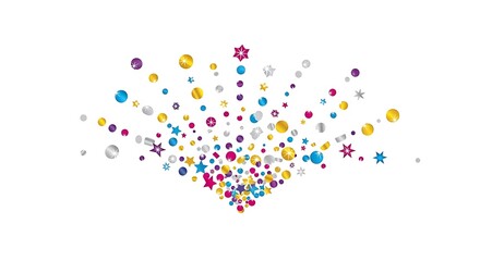 Obraz premium Colorful Confetti with Gold Silver Blue Pink Purple Stars and Circles Falling in Bright Celebration Scene