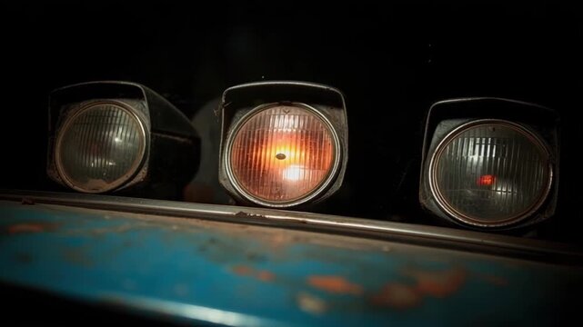 Vintage car headlight trio glowing at night on rusty roof. moody retro automotive closeup with fearful warm amber glow and cool center beam