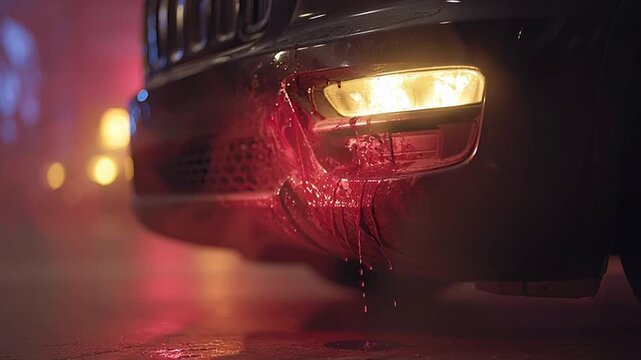 Car fearful bumper dripping red liquid low night light headlight glow moody low angle close up damaged front bumper cracked paint illuminated by