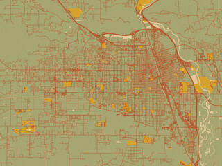 Decorative flat city map of Yakima, Washington using earthy sage background with rust roadways and ochre details.