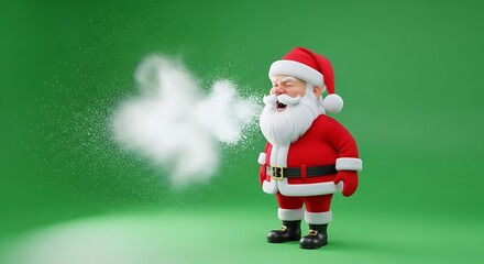 Happy Santa Claus Figurine Emitting Cloud of Powder on Green Background Christmas Decoration