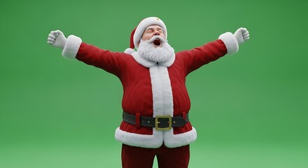 Joyful Santa Claus Celebrating with Arms Outstretched in Festive Red Suit Against Green Screen