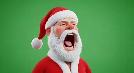 Joyful Santa Claus Character Wearing Red Hat and Suit Yawning with Open Mouth on Green Background