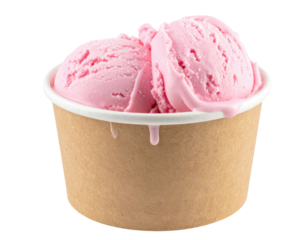 Two scoops of pink ice cream in a brown paper cup