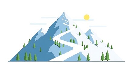 Snow-capped Mountain with Green Trees and Winding Path Under Sun in Clear Sky