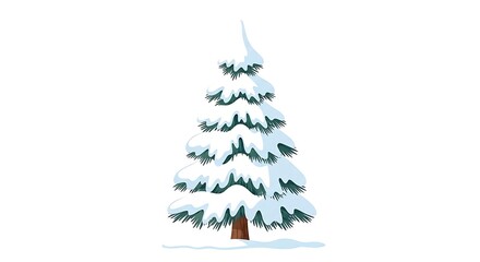 Snow-covered Christmas Tree with Snowy Branches and Brown Trunk in Winter Scene
