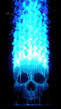 skull and blue fire pixel style