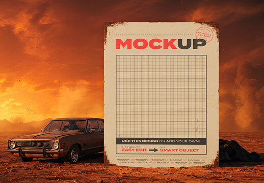 Big Sign Mockup on Red Desert with Car