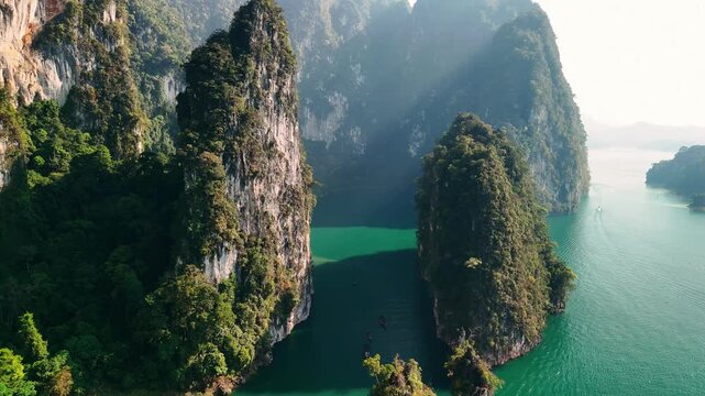 Aerial view of scenic landscape of khao sok national park, on at cheow lan lake, a popular tourist destination, Thailand.