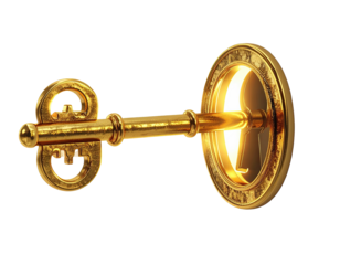 Golden key inserted into a glowing circle