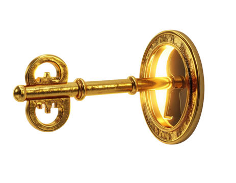 Golden key inserted into a glowing circle