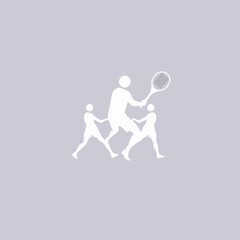 Stylized image of a tennis player with a racket, flanked by two figures, all in white against a gray background.