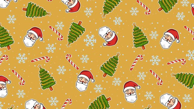 Seamless Christmas pattern looping animation featuring Santa Claus, candy canes, Christmas trees, and snowflakes on a festive yellow background. Perfect for holiday videos and digital greetings.
