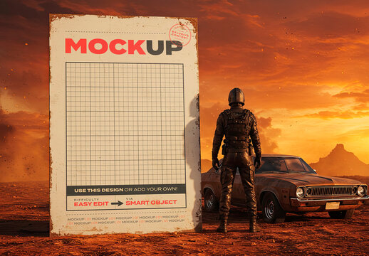 Big Sign on Desert with Guard and Car Mockup