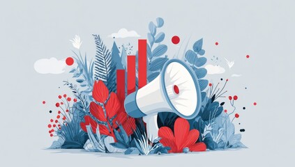 A megaphone sits amidst stylized foliage and a bar graph, suggesting growth and announcement in a serene, muted color palette