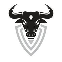 Head of a bull against the background of a shield. Vector graphic design. Created using generative AI tools.