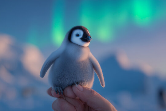 
"A baby penguin balancing on a finger, aurora borealis reflecting off icy Antarctic waters 
