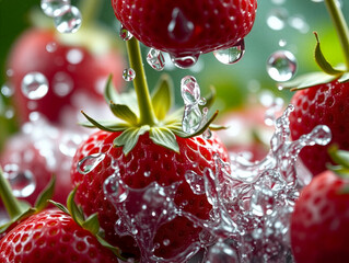 Vibrant Close-up of Fresh Strawberry with Dynamic Water Flow and Splash