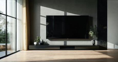 Large frameless television off glossy black panel on wall with daylight curtain