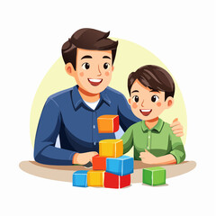 Happy father and son enjoying quality playtime together, building colorful blocks for creative learning and bonding moments