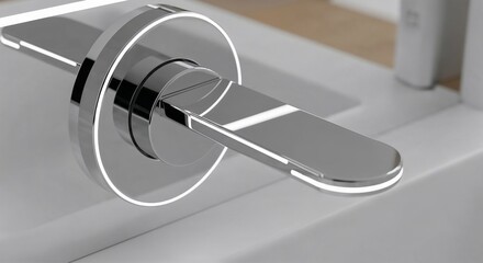Modern chrome faucet handle in minimalist bathroom setting, Close-up of a Modern chrome faucet controls with sleek design for bathroom or kitchen, featuring minimalist style and functionality 