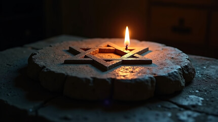 Illuminating the star of david a poignant image capturing the essence of jewish faith and remembrance, with a candle casting a warm glow on the ancient symbol of heritage and hope