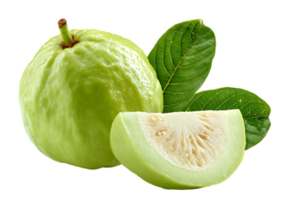 A single ripe green guava with a textured skin and a sliced piece alongside green leaves isolated on transparent background
