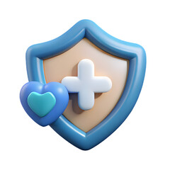 3D Health Protection Shield Medical Cross Heart Icon Isolated on Transparent Background 