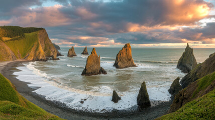 Dramatic coastal rock formations stand tall against a vibrant sunset sky over a rugged shoreline