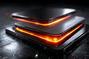 Stacked black devices glowing with orange light create a modern technological ambiance